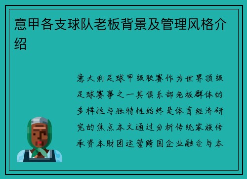 意甲各支球队老板背景及管理风格介绍